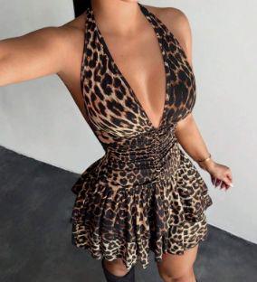 Vestido Animal Print Escote V con Vuelos