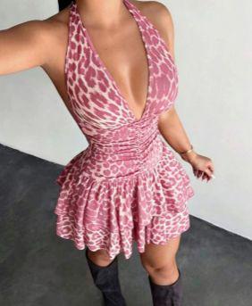 Vestido Animal Print Escote V con Vuelos