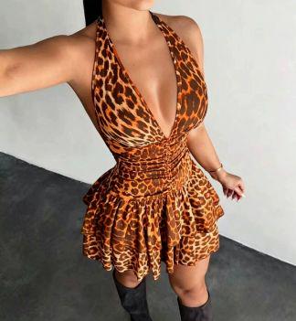Vestido Animal Print Escote V con Vuelos