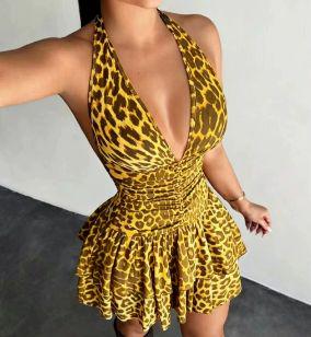 Vestido Animal Print Escote V con Vuelos