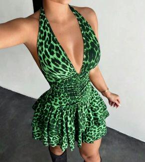 Vestido Animal Print Escote V con Vuelos